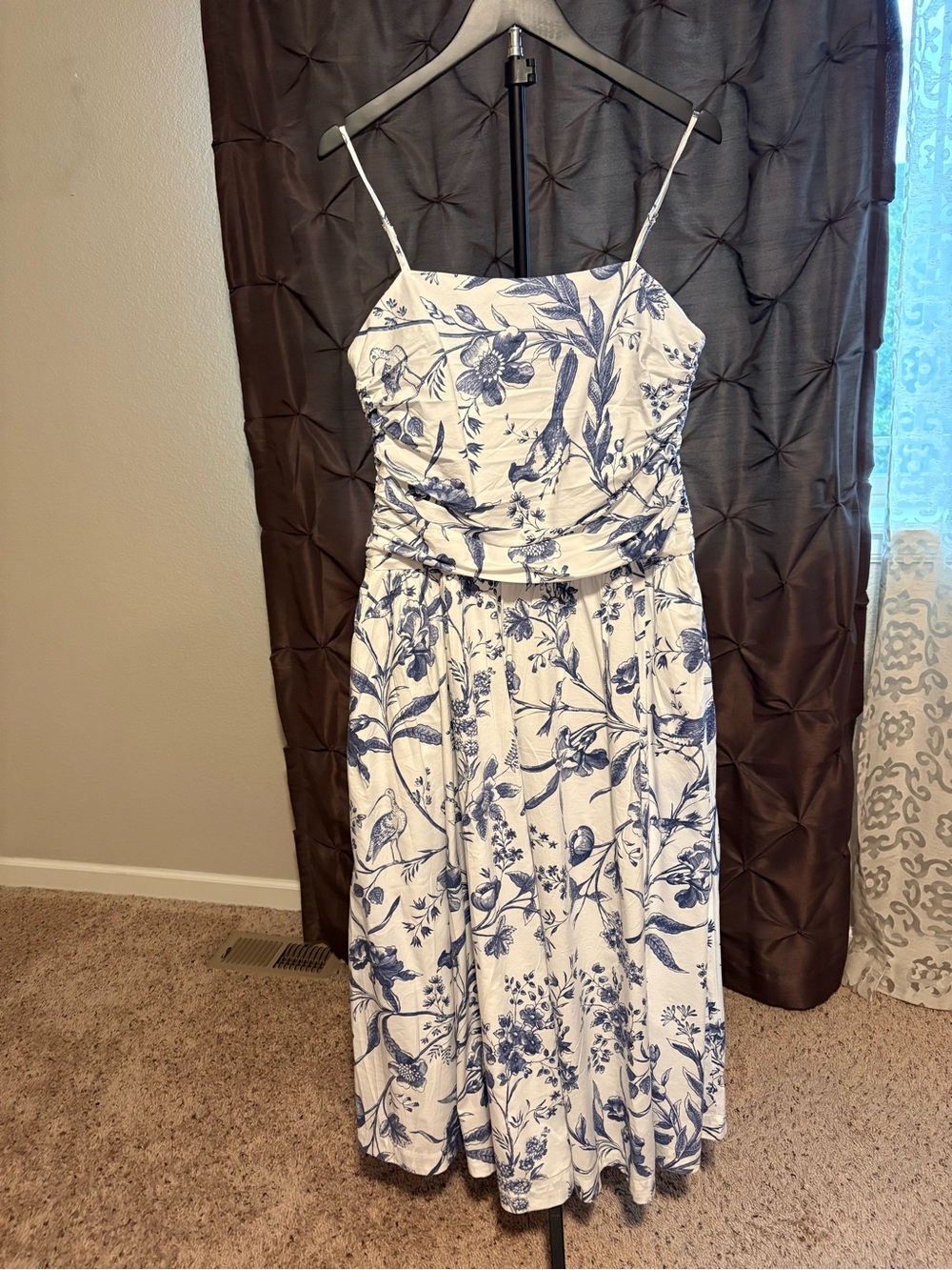 LOFT White Midi Dress with Blue Floral Print and Spaghetti Straps